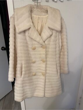 Women's Cream Double-Breasted Faux Fur Pea Coat.  Guessing. Mid 1960’s - 70’s